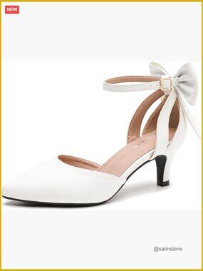 Women's Kitten Heel Pumps with Bow, Ankle Strap, Pointed Toe, Wedding Evening